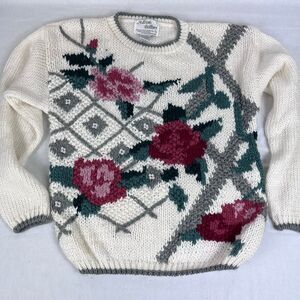 Vintage Allison Brittney Rose Floral Sweater Ivory Ramie Knit PM